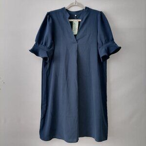 NWT Qacohu Womens Navy Blue Short Puff Sleeve A-Line Summer Dress Size L